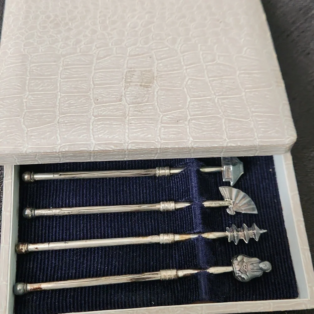 Silver Cocktail Stirrer Set with Japanese Motifs Sterling Silver Set of 6 decora